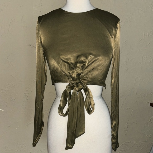 ZARA satin olive green tied long sleeve crop top in women’s small - Picture 2 of 12